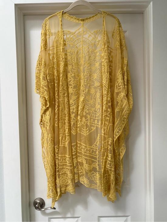 Source Unknown Accessories - Mustard Yellow Sheer Embroidered Kimono Wrap